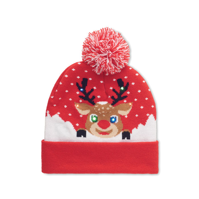 Red bobble hat beanie with a reindeer on the front
