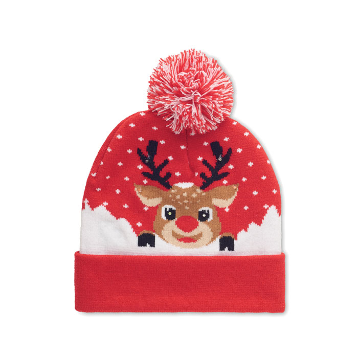 Red bobble hat beanie with a reindeer on the front