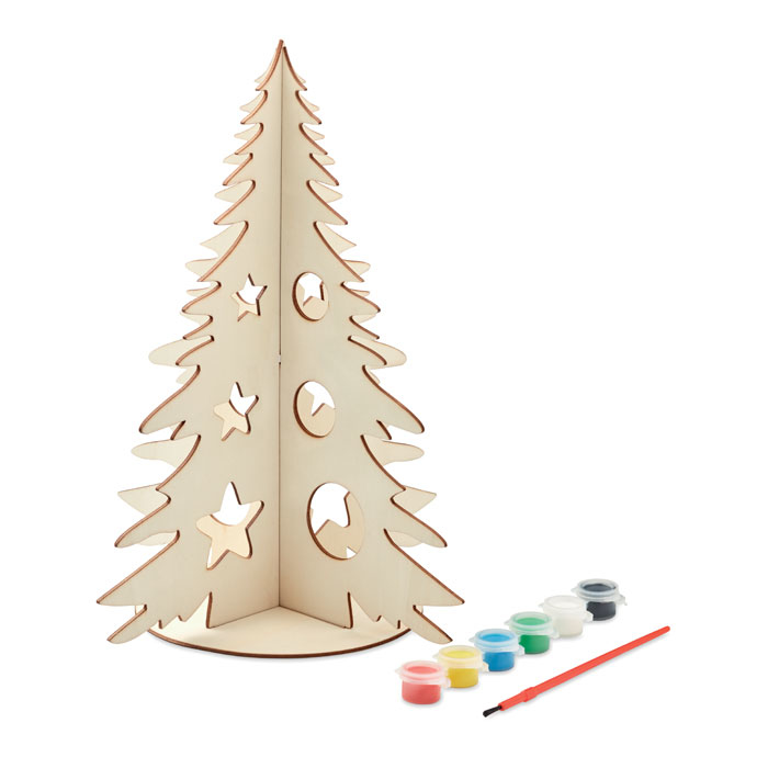 A light brown wooden christmas tree with a line of paints next to it in red, yellow, green, blue, white, black and a paintbrush