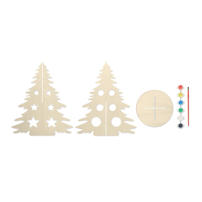 An unassembled light brown wooden christmas tree with a line of paints next to it in red, yellow, green, blue, white, black and a paintbrush