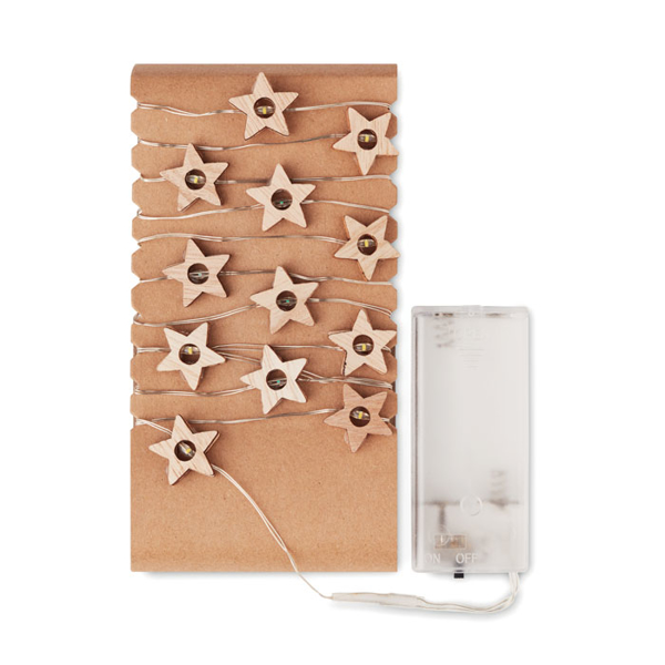 light brown wooden star shaped fairy lights with battery box on the right hand side 