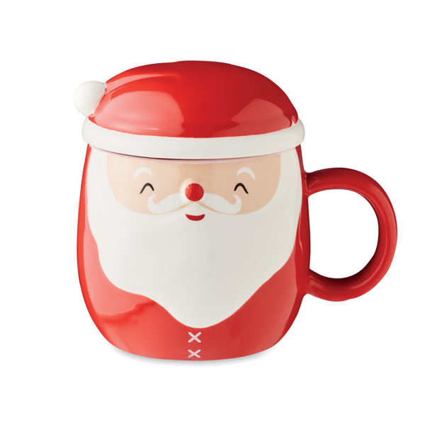 a mug in the shape of a santa, the lid is the shape of a christmas hat