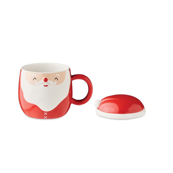 a mug in the shape of a santa, the lid is the shape of a christmas hat (off the mug)