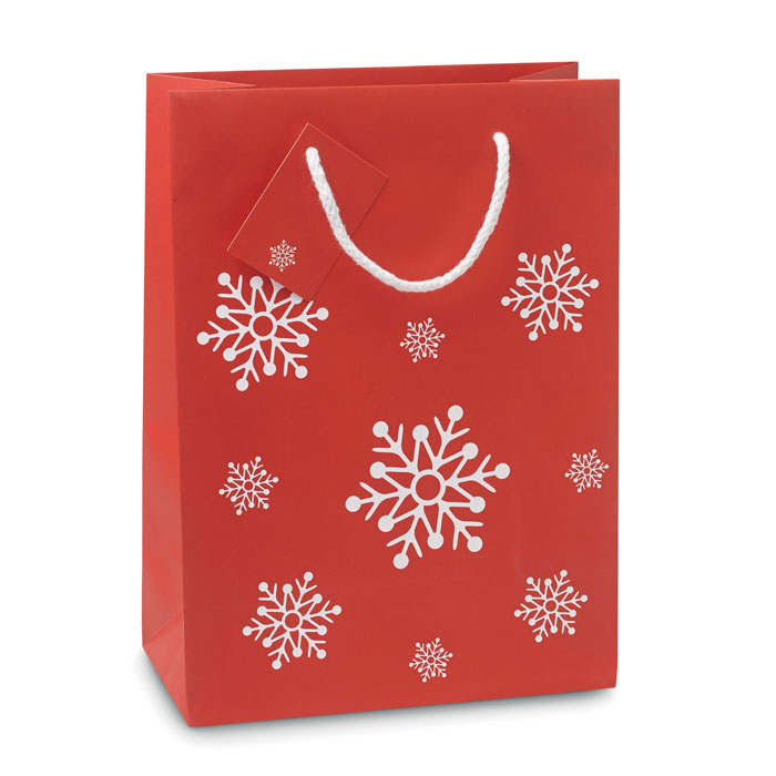 Red paper bag with snowflakes on the front 