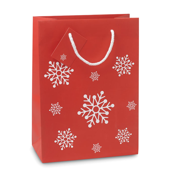 Red paper bag with snowflakes on the front 