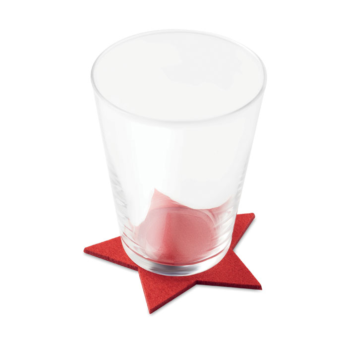 a red star coaster in felt RPET material, with a glass cup on it to display its functionality 