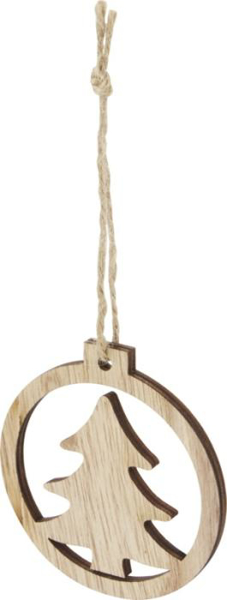 A wooden circular Christmas ornament with a tree in the middle