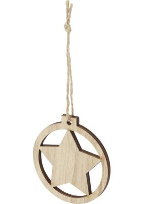 A wooden circular Christmas ornament with a star in the middle