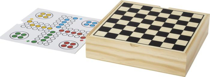 the wooden box with the lid flipped over to reveal the chess board