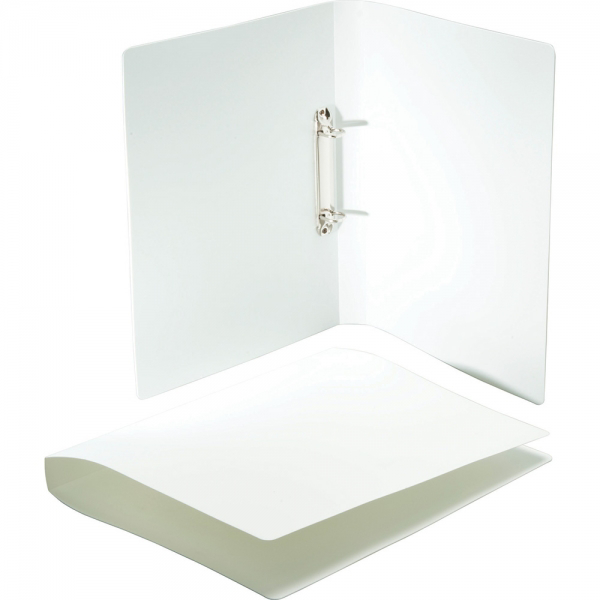 A white rectangular A4 ring binder (open with two silver clips in the middle) 