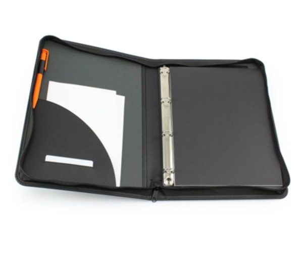 Black ring binder open, with inside pocket and pen holder