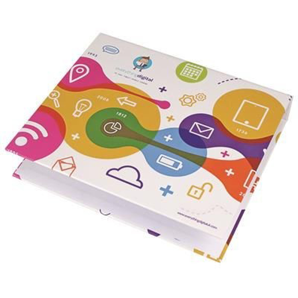 A white ring binder with multi-coloured splodge print on the front (rectangular shape) 