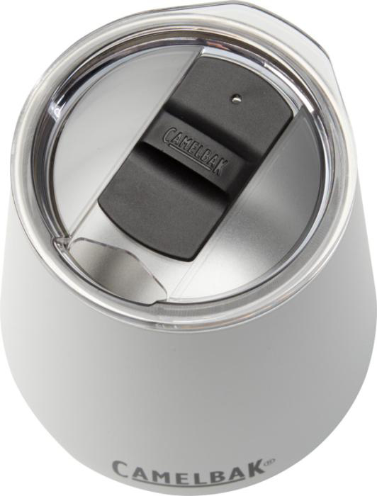 white camelbak tumbler view from above, stainless steel top / lid