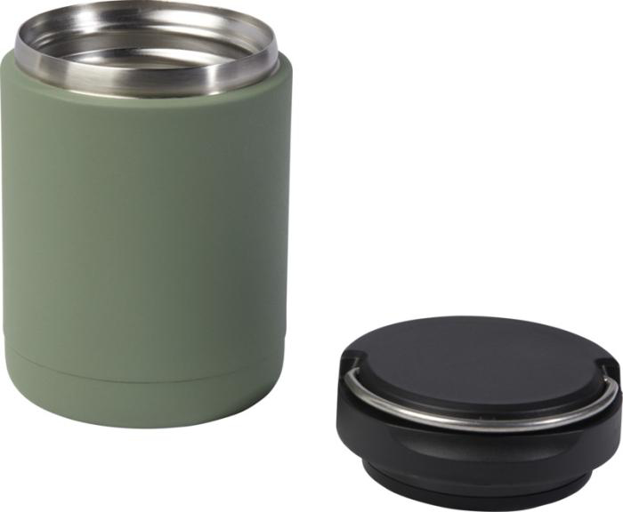 green circular lunchbox with a black lid and a sleek silver handle, view with the lid off