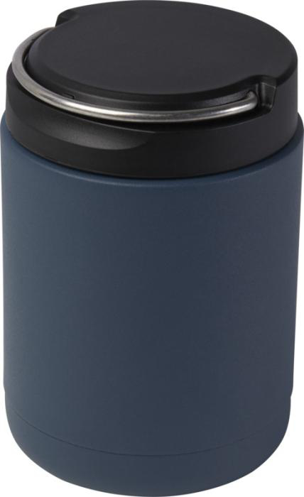 blue circular lunchbox with a black lid and a sleek silver handle 