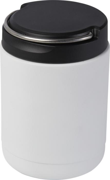 White circular lunchbox with a black lid and a sleek silver handle 
