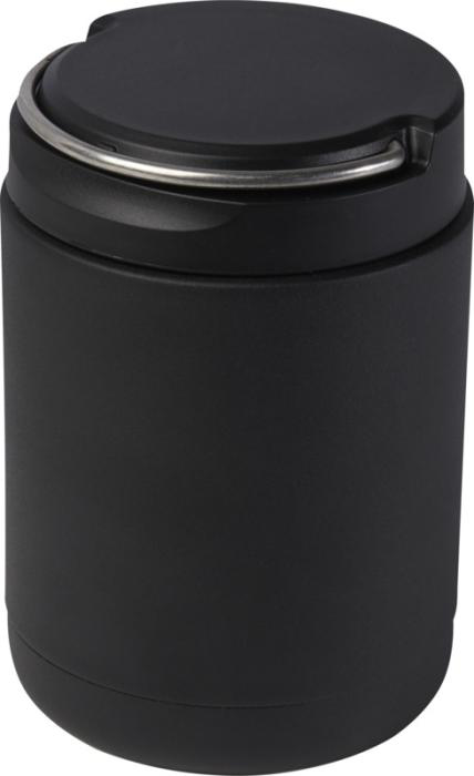 Black circular lunchbox with a black lid and a sleek silver handle 