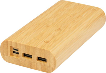 Light brown bamboo powerbank with three charging ports