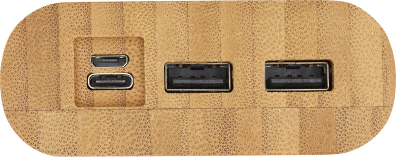 Light brown bamboo powerbank with three charging ports 