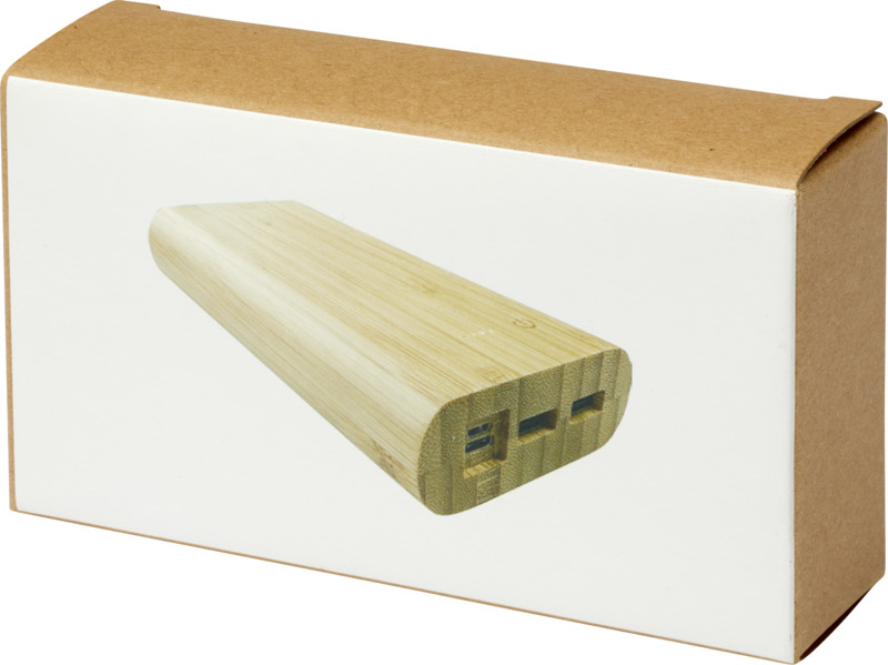 Light brown bamboo powerbank box with a white background