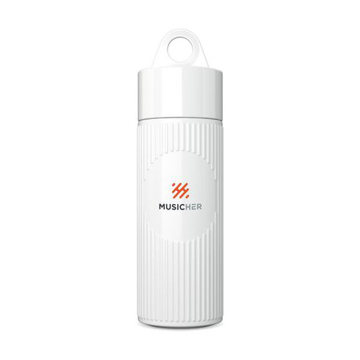 A white waterbottle with a loop at the top to hang up 