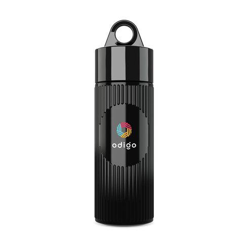A black waterbottle with a loop at the top to hang up 