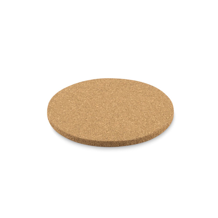 light brown circular cork coaster from a side angle