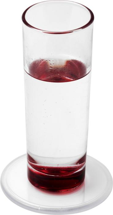 Plastic coaster, circular shape, with a glass on top for display