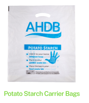 A clear plastic carrier bag with blue writing and a logo on the front