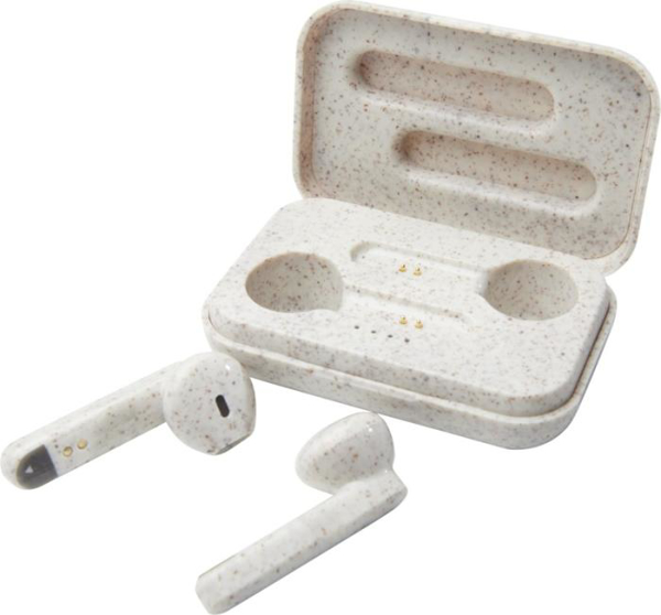 Beige earphones next to their charging case