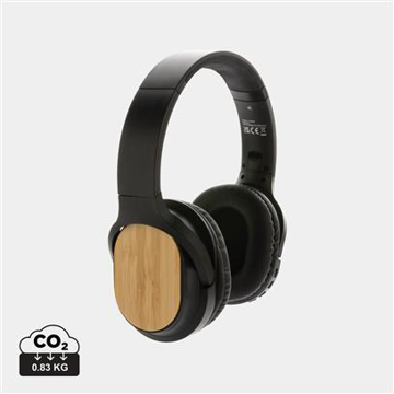 Black headphones with light brown bamboo circles 