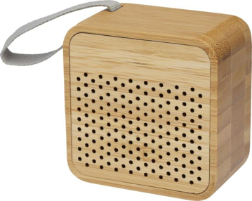 Light brown cube wireless speaker made from bamboo with a loop on the top for functionality
