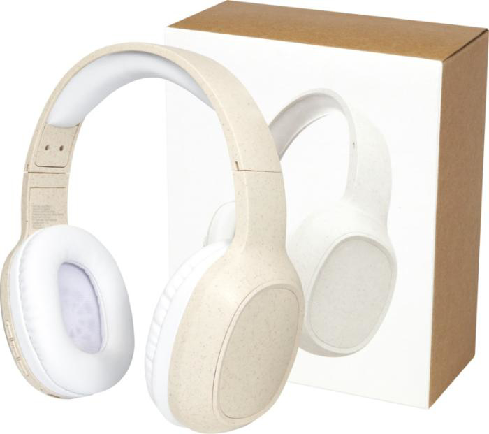 Beige wheat straw headphones, with the packaging
