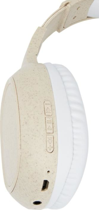 Beige wheat straw headphones, zoomed in to show the buttons
