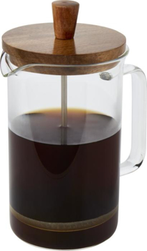 A clear glass coffee press with a dark wooden lid