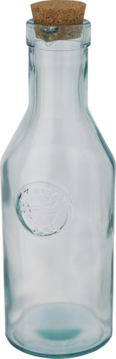 A clear glass caraf with a light brown cork lid