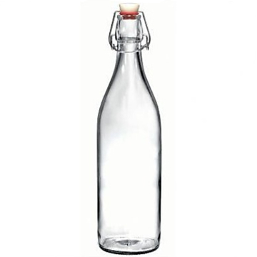 A clear glass bottle with a white flip stopper lid