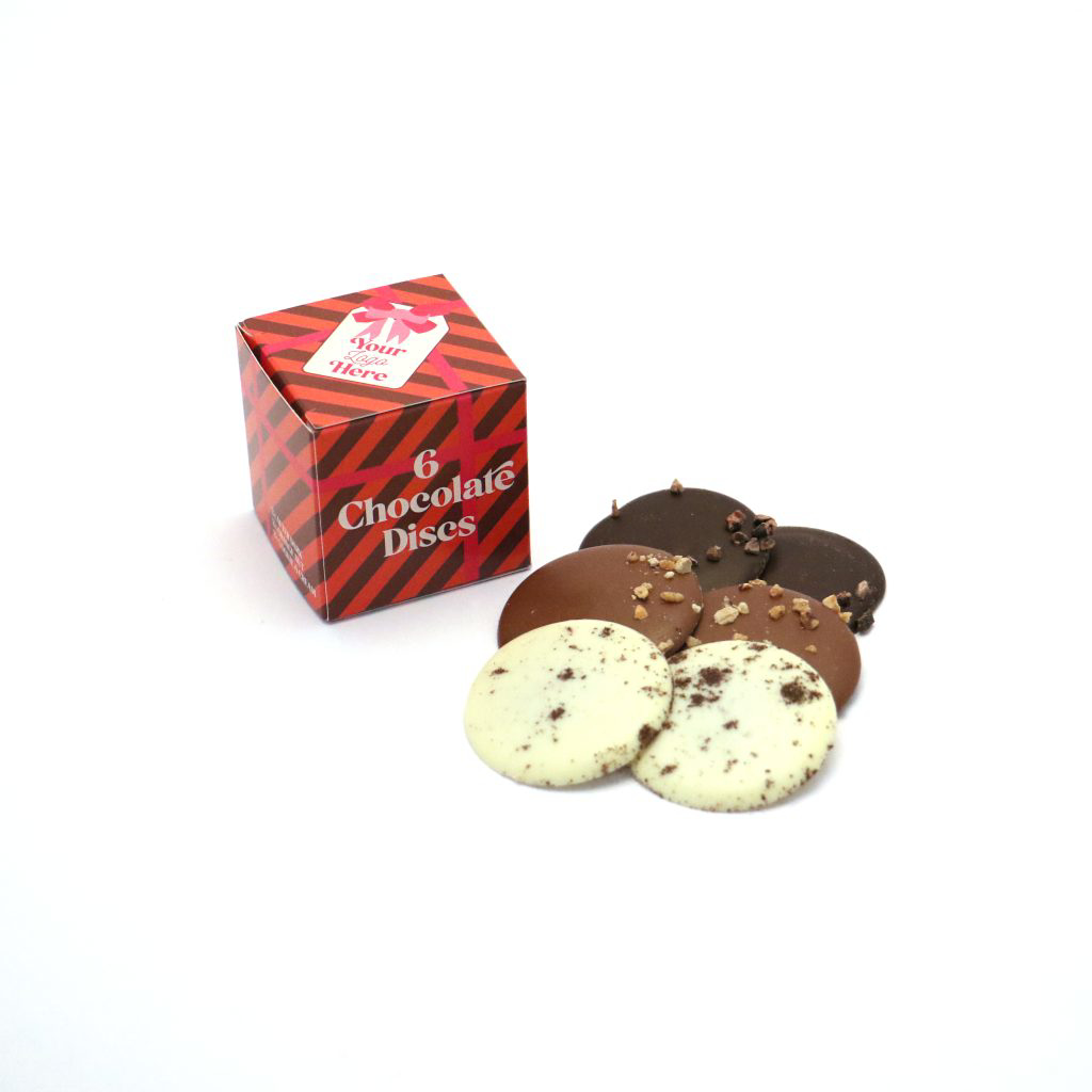 A box of chocolate disks with the disks on the right of a red box