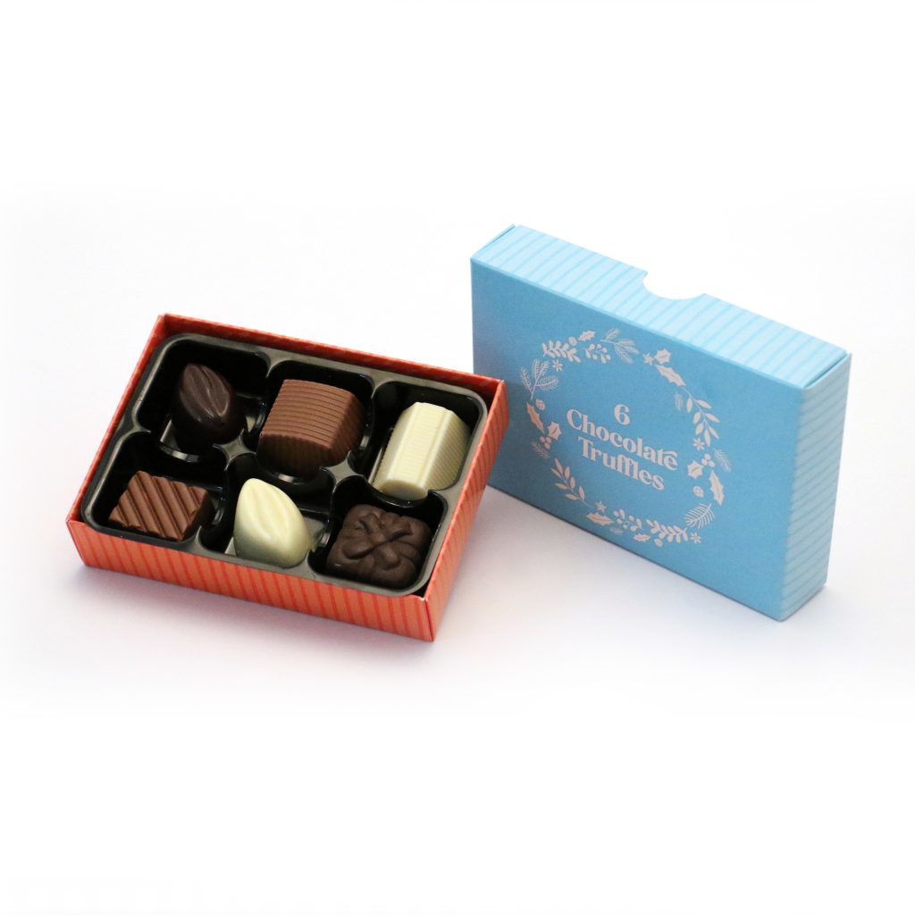 A box of chocolate truffles and a blue lid