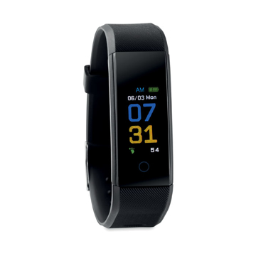 A black sleek health watch with a small screen 