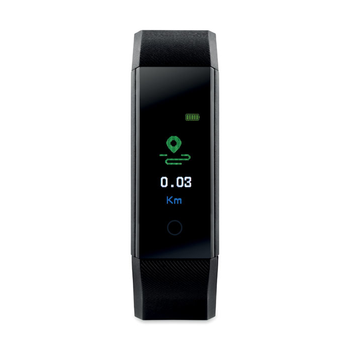 A black sleek health watch with a small screen from a forwards view