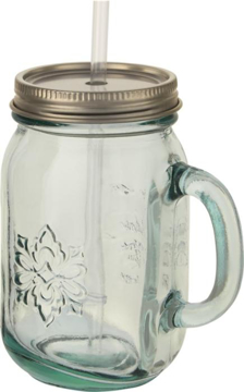 A recycled glass Mug with a stainless steel lid and a straw 