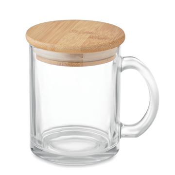 A glass transparent mug with a bamboo lid (light brown)