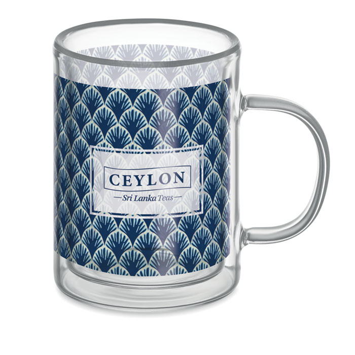 Transparent glass mug with branding on the front 