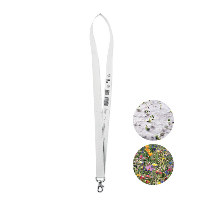 A white seeded lanyard with a silver metal clip