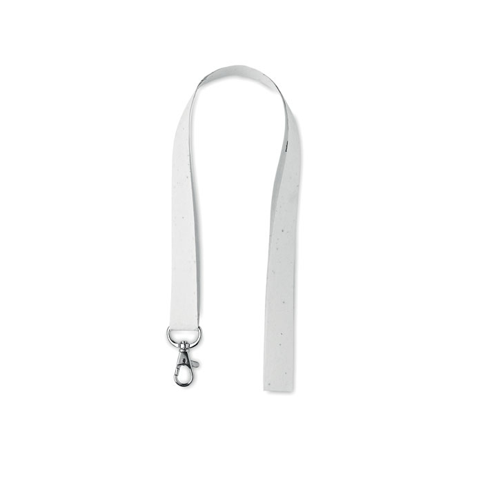 A white seeded lanyard with a silver metal clip