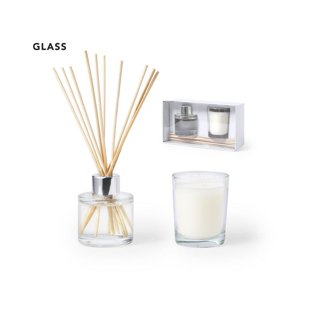 Diffuser and candle set, both in off white colour, and shown in their packaging