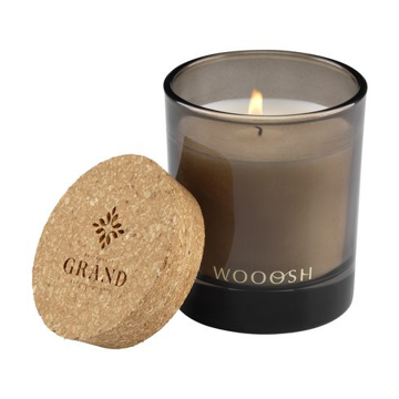 Grey candle with a cork lid with engraving