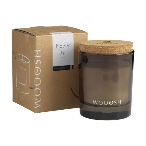 Grey candle with a cork lid with engraving, and kraft packaging
