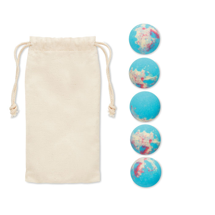 A cotton pouch and five blue bath bombs 